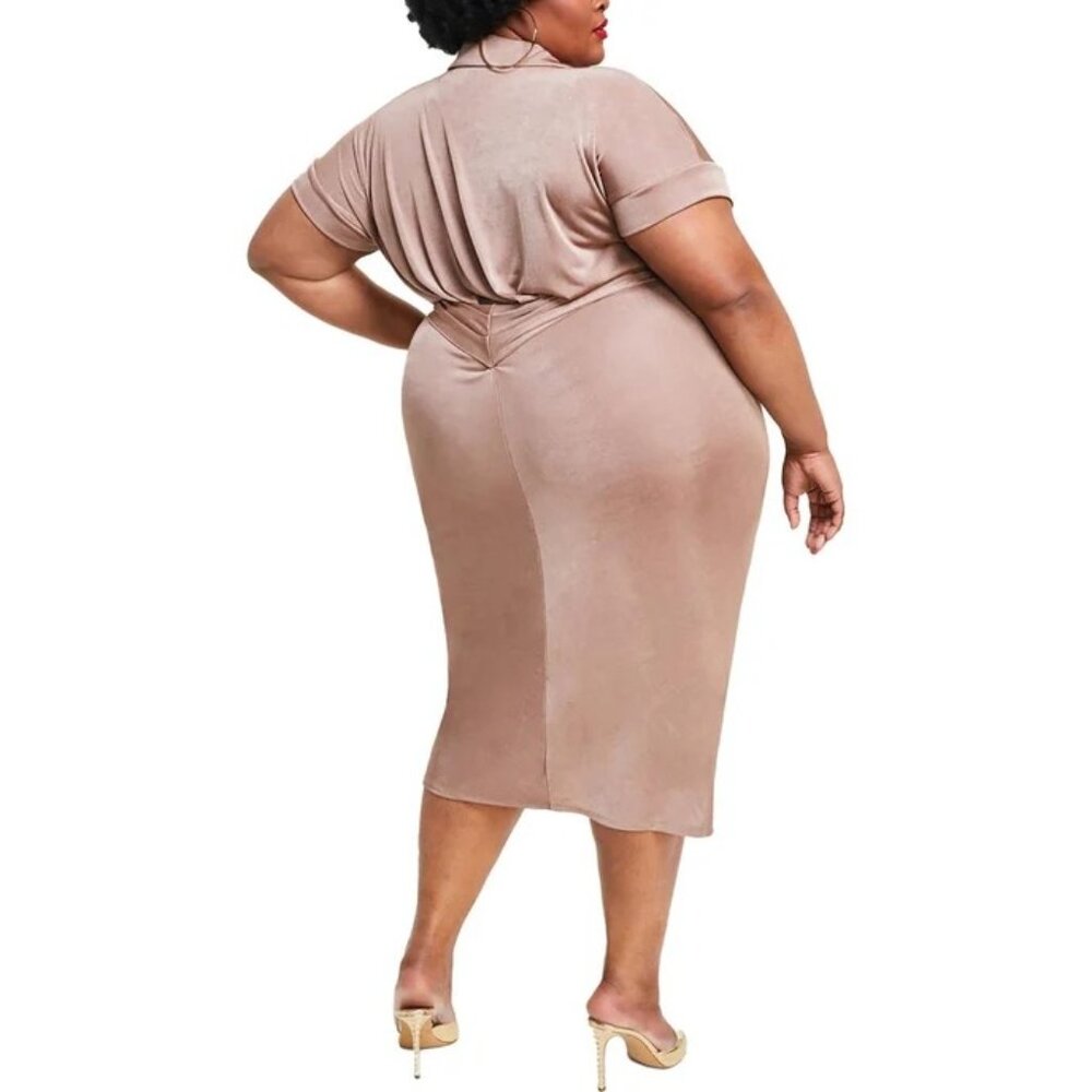 NWT Nina Parker Plus Size 2X Tan Tie-Front Ruched Shirtdress - Picture 2 of 4